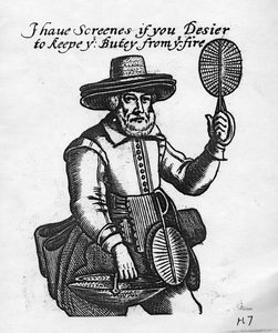 'Jeg har skærme, hvis du ønsker at holde din buty fra ilden', brandskærmssælger, ca. 1680 af English School